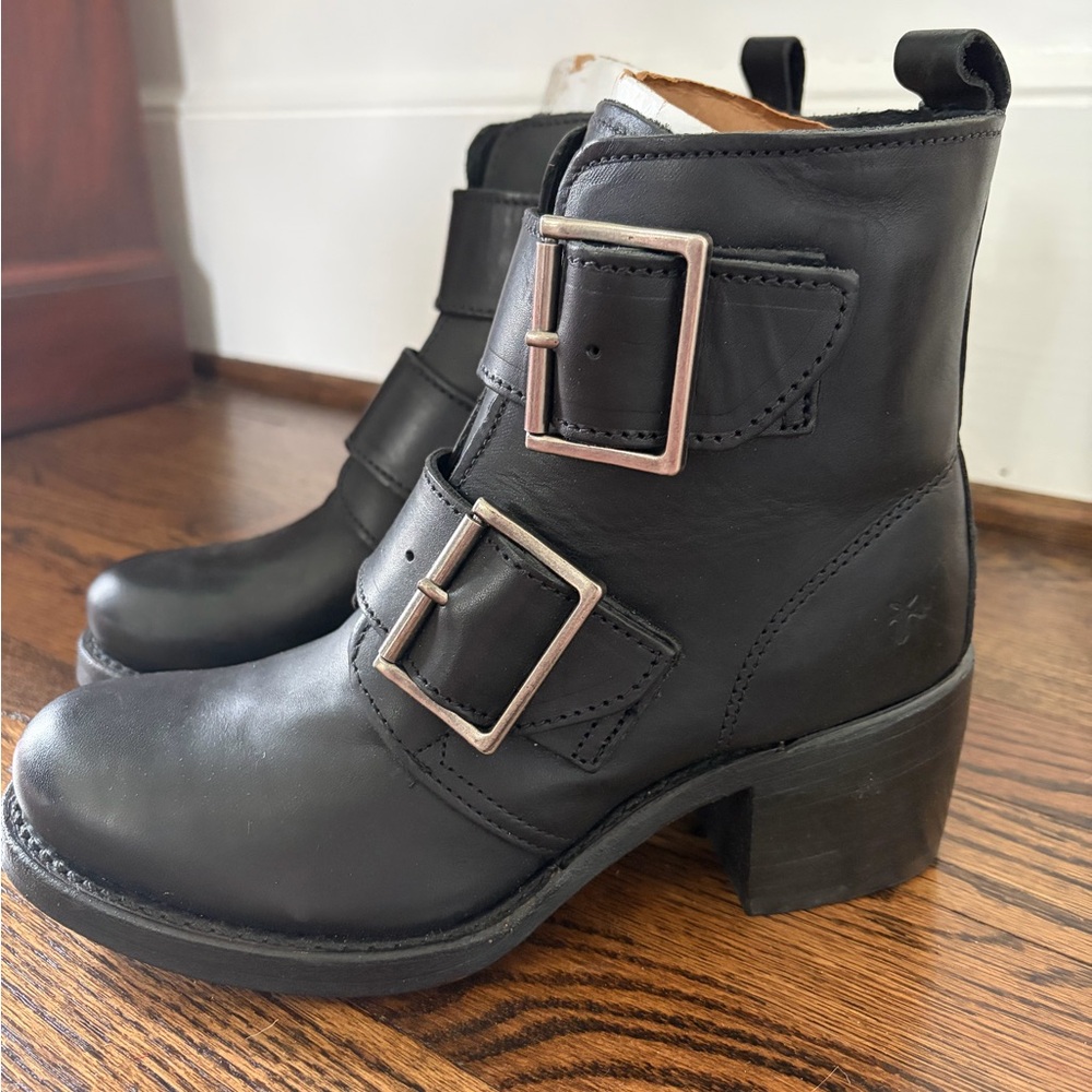 Frye Black Leather Buckle Ankle Boots